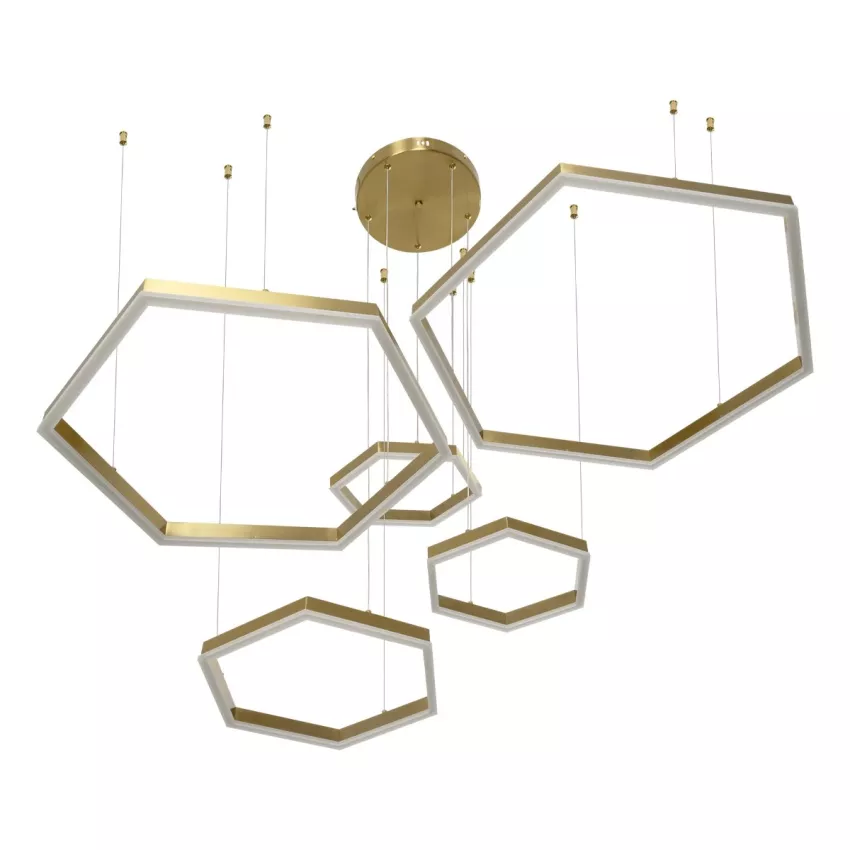 kelvo® LEXAGON  Κρεμαστό Φωτιστικό Οροφής LED 120W 12000lm 200° AC 220-240V IP20 Ρυθμιζόμενο Λευκό CCT με Χειριστήριο από 2700K έως 6000K Dimmable - Lumileds SMD Chip - Χρυσό Πλατίνα - Μ110 x Π90 x Υ110cm