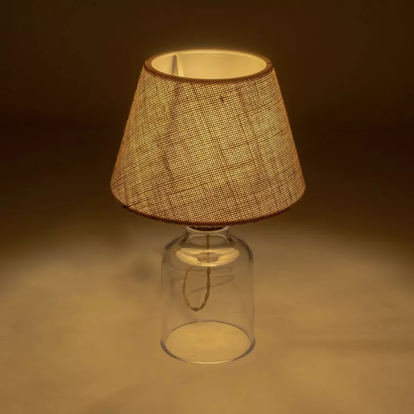 TRANS  Μοντέρνο Eπιτραπέζιο Φωτιστικό Μονόφωτο 1 x E27 IP20 Διάφανο Πλαστικό με Μπεζ Ύφασμα - Μ22 x Π22 x Υ14cm