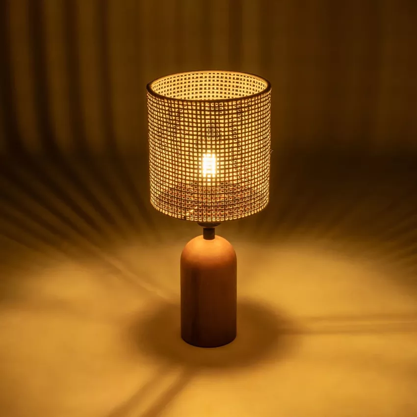HARD  Boho Eπιτραπέζιο Φωτιστικό Πορτατίφ Μονόφωτο 1 x E27 IP20 Καφέ Ξύλο με Μπεζ Ρατάν - Μ15 x Π15 x Υ35cm