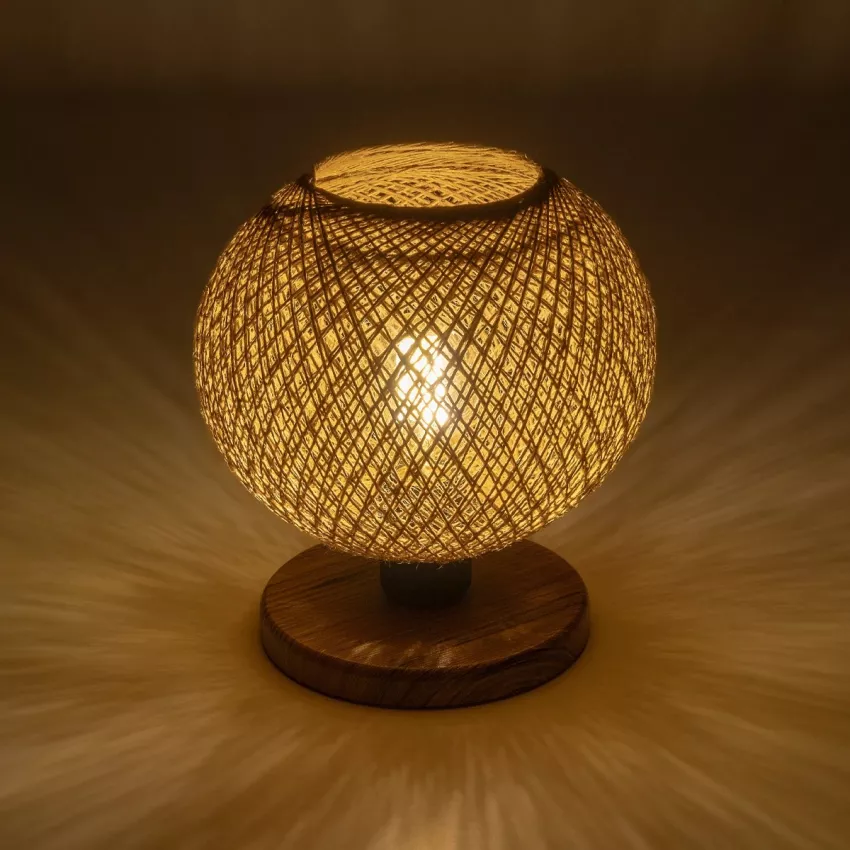 BOWL  Μοντέρνο Eπιτραπέζιο Φωτιστικό Πορτατίφ Μονόφωτο 1 x E27 IP20 Καφέ Ξύλο με Μπεζ Σνοινί - Μ19 x Π19 x Υ22cm