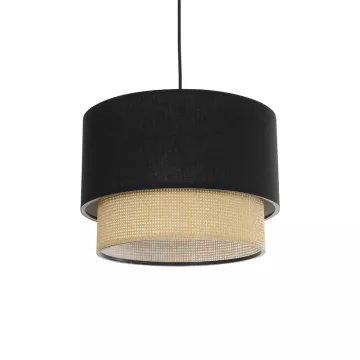 BIGGIE  Μοντέρνο Κρεμαστό Φωτιστικό Kαπέλο Μονόφωτο 1 x E27 IP20 Μαύρο Ύφασμα με Μπεζ Rattan - Μ30 x Π30 x Υ70cm