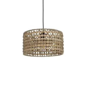 POMEGRANDE  Boho Κρεμαστό Φωτιστικό Kαπέλο Μονόφωτο 1 x E27 IP20 Μπεζ Rattan με Καφέ Ξυλο - Μ30 x Π30 x Υ16cm