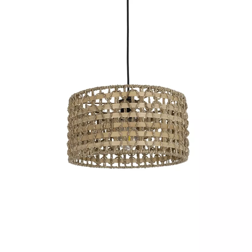 POMEGRANDE  Boho Κρεμαστό Φωτιστικό Kαπέλο Μονόφωτο 1 x E27 IP20 Μπεζ Rattan με Καφέ Ξυλο - Μ30 x Π30 x Υ16cm