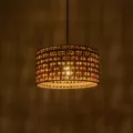 POMEGRANDE  Boho Κρεμαστό Φωτιστικό Kαπέλο Μονόφωτο 1 x E27 IP20 Μπεζ Rattan με Καφέ Ξυλο - Μ30 x Π30 x Υ16cm