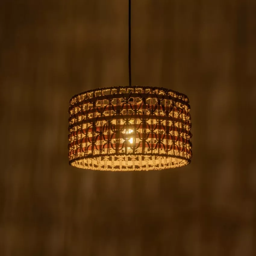 POMEGRANDE  Boho Κρεμαστό Φωτιστικό Kαπέλο Μονόφωτο 1 x E27 IP20 Μπεζ Rattan με Καφέ Ξυλο - Μ30 x Π30 x Υ16cm