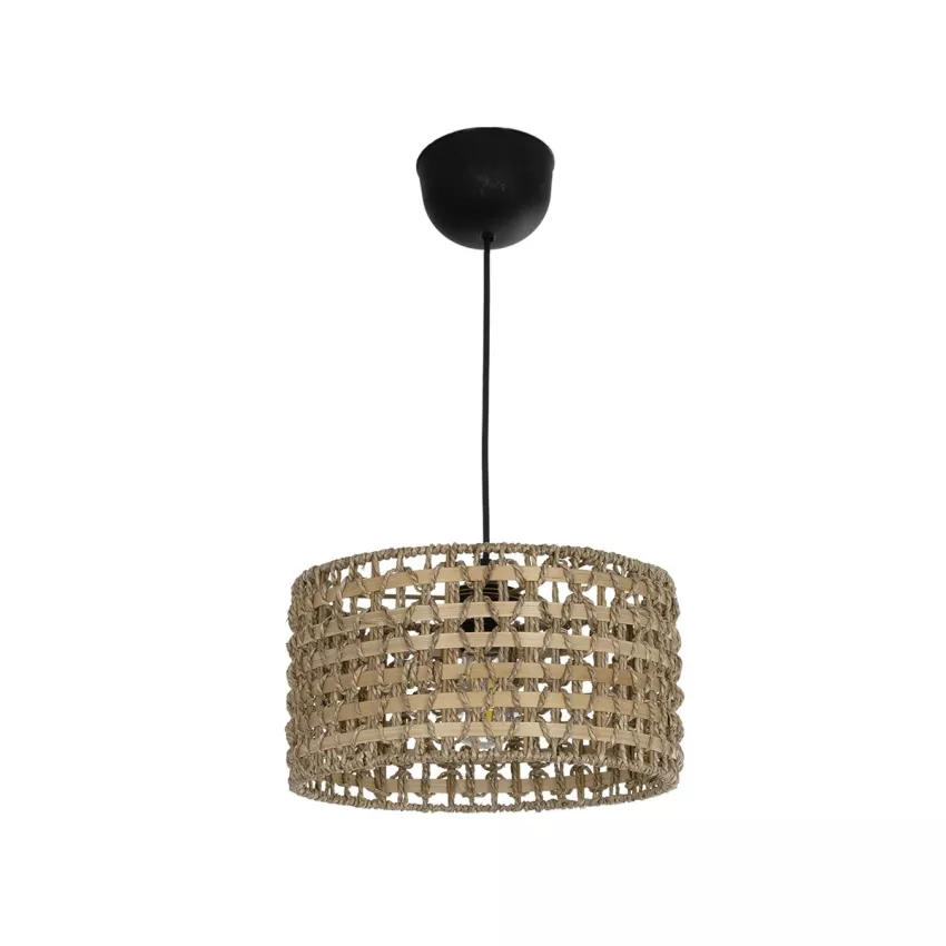 POMEGRANDE  Boho Κρεμαστό Φωτιστικό Kαπέλο Μονόφωτο 1 x E27 IP20 Μπεζ Rattan με Καφέ Ξυλο - Μ30 x Π30 x Υ16cm