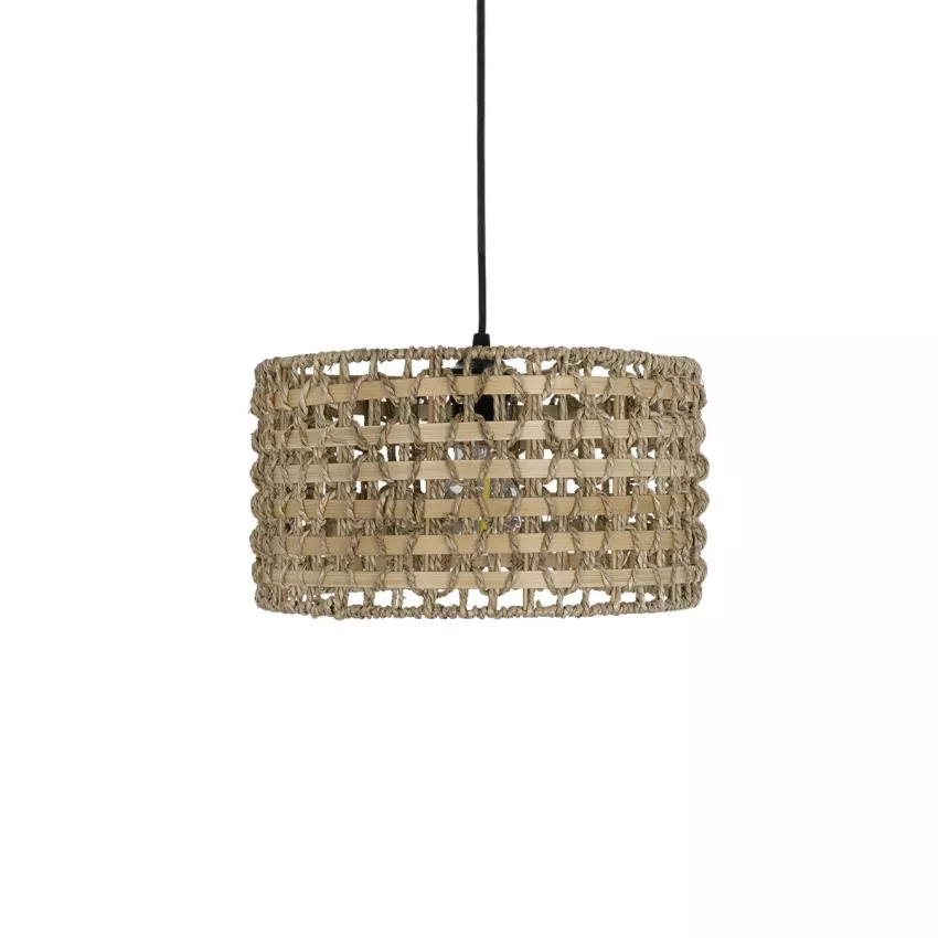 POMEGRANDE  Boho Κρεμαστό Φωτιστικό Kαπέλο Μονόφωτο 1 x E27 IP20 Μπεζ Rattan με Καφέ Ξυλο - Μ30 x Π30 x Υ16cm