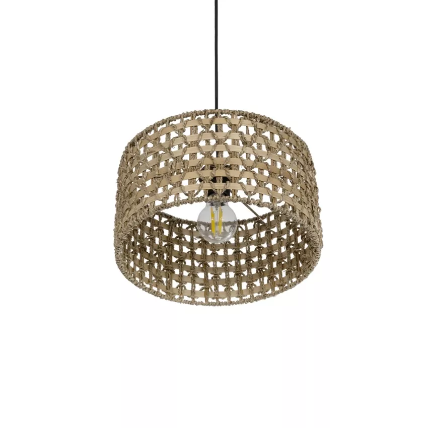 POMEGRANDE  Boho Κρεμαστό Φωτιστικό Kαπέλο Μονόφωτο 1 x E27 IP20 Μπεζ Rattan με Καφέ Ξυλο - Μ30 x Π30 x Υ16cm