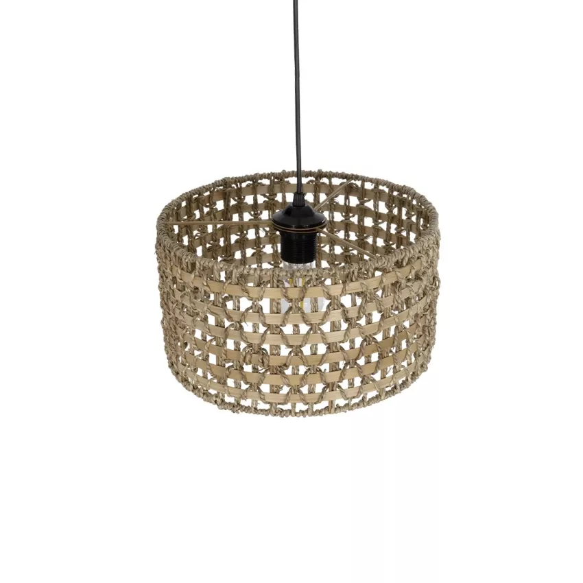 POMEGRANDE  Boho Κρεμαστό Φωτιστικό Kαπέλο Μονόφωτο 1 x E27 IP20 Μπεζ Rattan με Καφέ Ξυλο - Μ30 x Π30 x Υ16cm