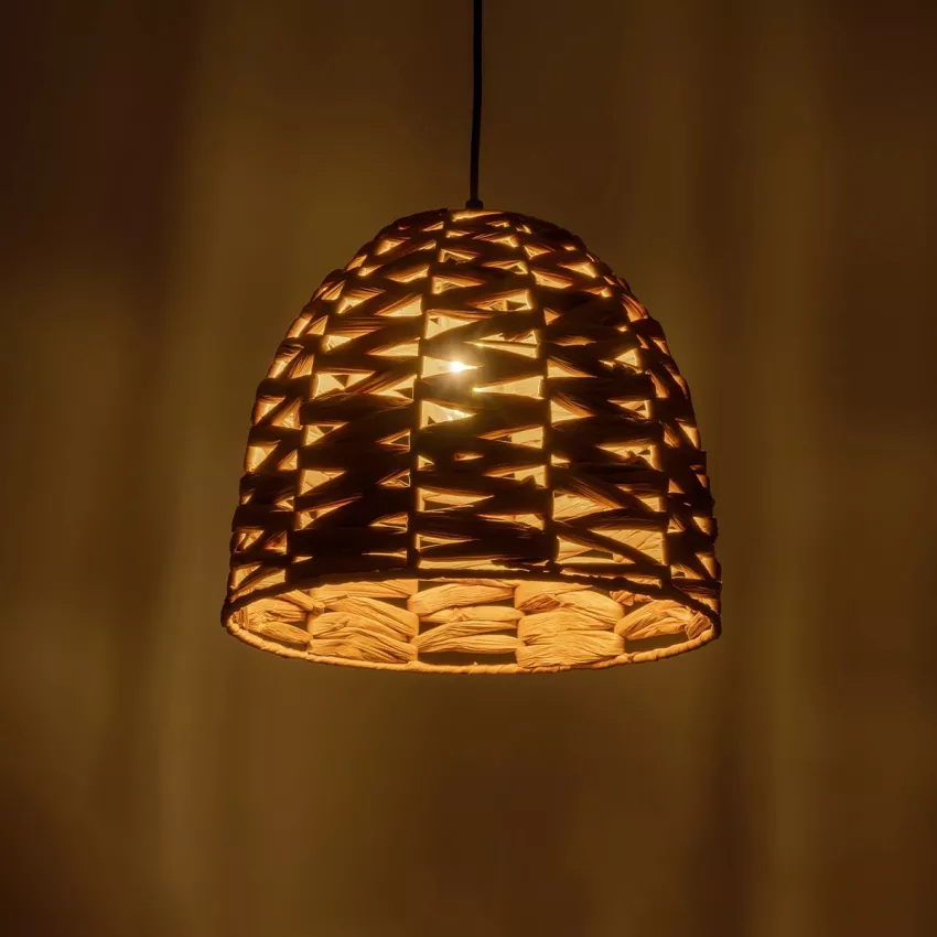 MEKA  Boho Κρεμαστό Φωτιστικό Καμπάνα Μονόφωτο 1 x E27 IP20 Μπεζ Rattan - Μ30 x Π30 x Υ25cm