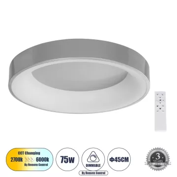 GLOBOSTAR® SALEM  Μοντέρνο Φωτιστικό Οροφής LED 75W 8625lm 120° AC 220-240V IP20 Ρυθμιζόμενο Λευκό CCT με Χειριστήριο από 2700K έως 6000K Dimmable - Lumileds SMD Chip - Γκρι - Μ45 x Π45 x Υ8.5cm
