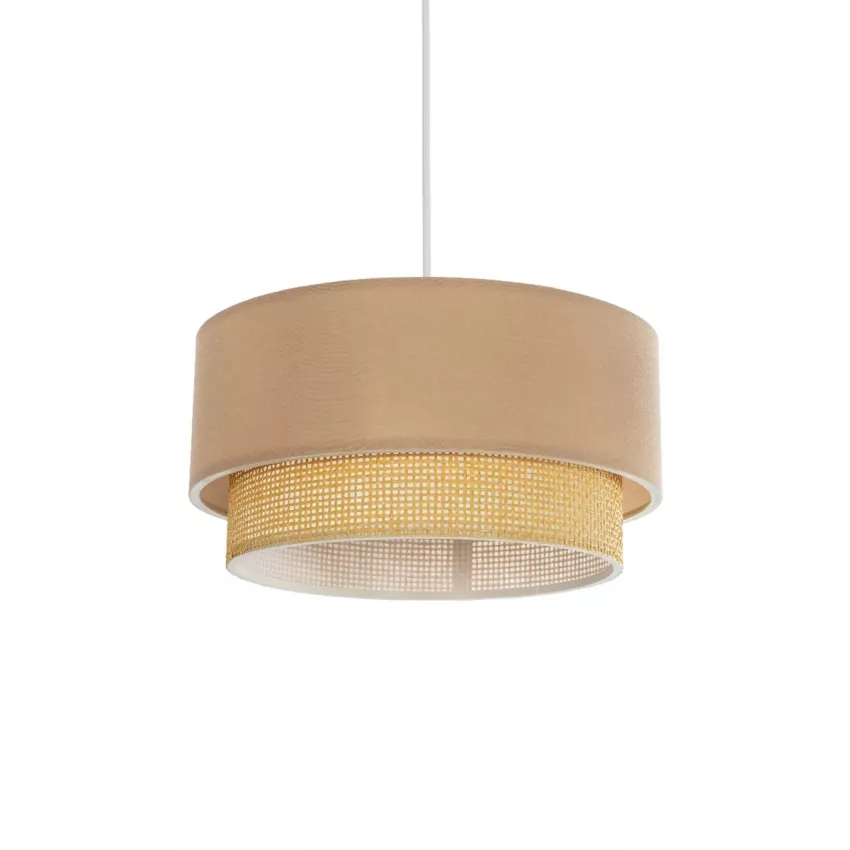 BIGGIE  Μοντέρνο Κρεμαστό Φωτιστικό Kαπέλο Μονόφωτο 1 x E27 IP20 Μπεζ  Ύφασμα με Μπεζ Rattan - Μ30 x Π30 x Υ70cm