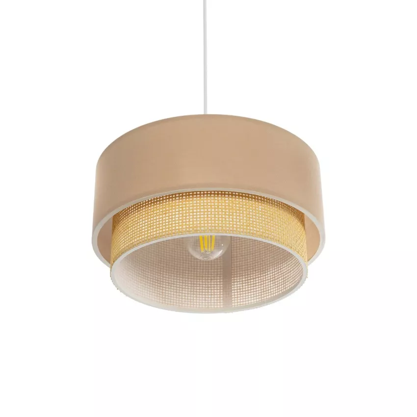 BIGGIE  Μοντέρνο Κρεμαστό Φωτιστικό Kαπέλο Μονόφωτο 1 x E27 IP20 Μπεζ  Ύφασμα με Μπεζ Rattan - Μ30 x Π30 x Υ70cm