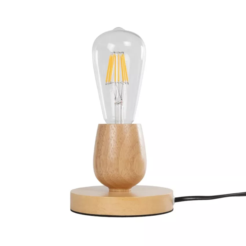 Round  Μοντέρνο Ξύλινο Επιτραπέζιο Φωτιστικό Πορτατίφ Λαμπατέρ με Ντουί E27 Μονόφωτο Στρόγγυλο Μπεζ - Φυσικός Άχρωμος Δρυς με 1.8m καλώδιο και διακόπτη Φ12 x Υ10cm