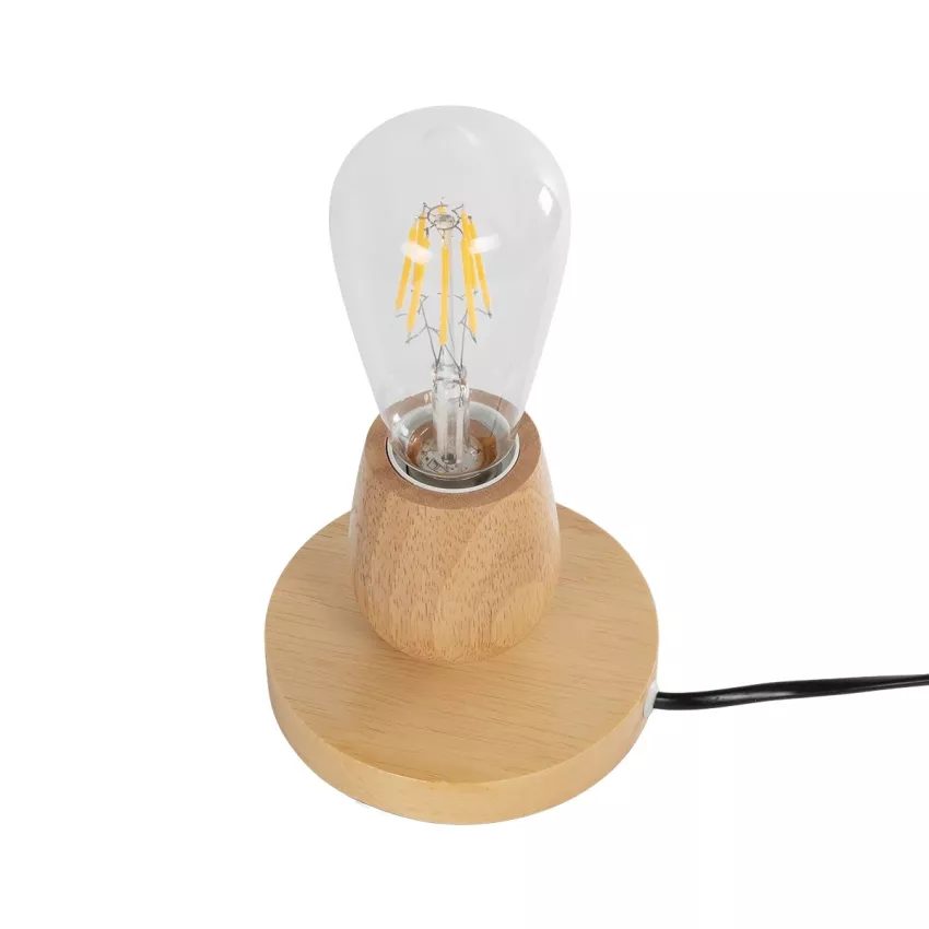 Round  Μοντέρνο Ξύλινο Επιτραπέζιο Φωτιστικό Πορτατίφ Λαμπατέρ με Ντουί E27 Μονόφωτο Στρόγγυλο Μπεζ - Φυσικός Άχρωμος Δρυς με 1.8m καλώδιο και διακόπτη Φ12 x Υ10cm