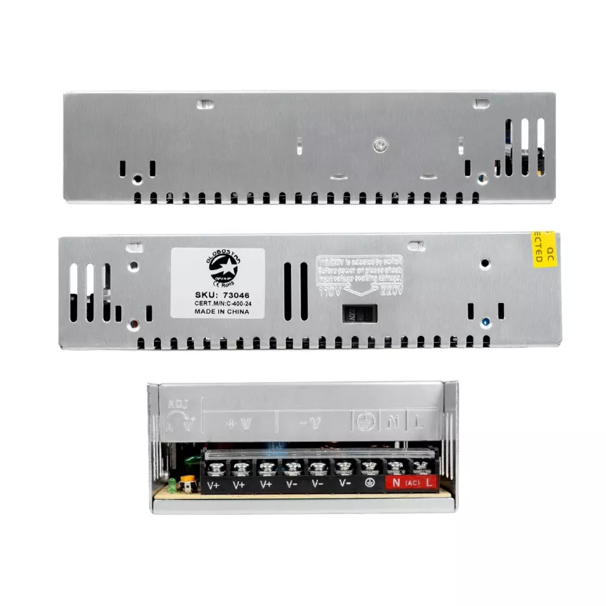 GLOBOSTAR® LUMIVOLT  Τροφοδοτικό/Μετασχηματιστής PELV 400W 16.6A DC 24V IP20 - AC 220-240V σε DC 24V / Ρυθμιζόμενo από DC 22.5V έως DC 25.5V - Μ20 x Π10 x Υ5cm