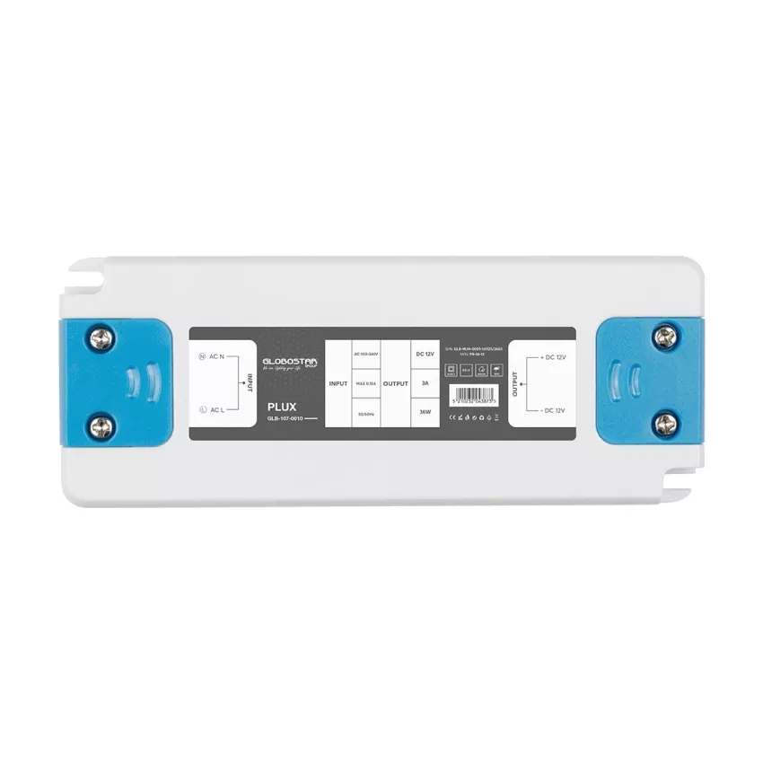 GLOBOSTAR® PLUX  Τροφοδοτικό/Μετασχηματιστής Class II SELV 36W 3A AC 220-240V σε DC 12V IP20 - Λευκό Ματ - Μ12.8 x Π5 x Υ1.5cm
