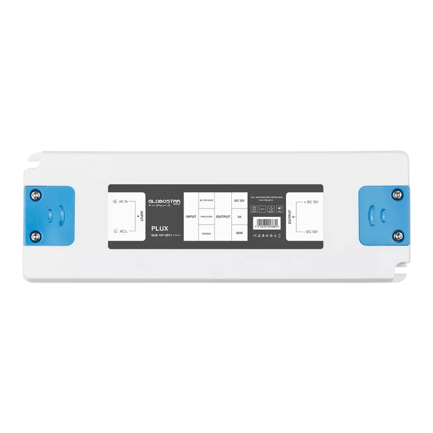 GLOBOSTAR® PLUX  Τροφοδοτικό/Μετασχηματιστής Class II SELV 60W 5A AC 220-240V σε DC 12V IP20 - Λευκό Ματ - Μ18.5 x Π6.4 x Υ2.2cm