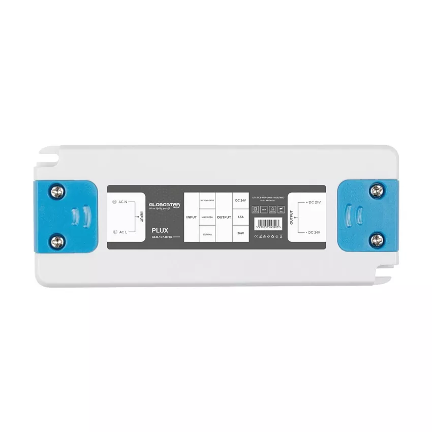 GLOBOSTAR® PLUX  Τροφοδοτικό/Μετασχηματιστής Class II SELV 36W 1.5A AC 220-240V σε DC 24V IP20 - Λευκό Ματ - Μ12.8 x Π5 x Υ1.5cm