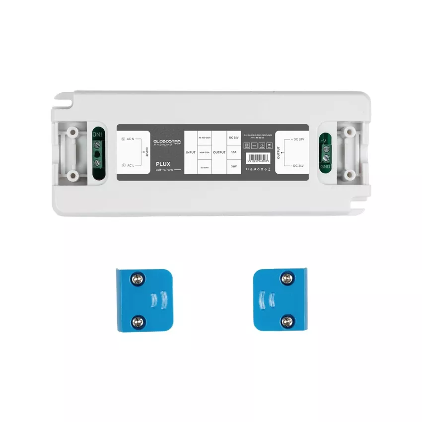 GLOBOSTAR® PLUX  Τροφοδοτικό/Μετασχηματιστής Class II SELV 36W 1.5A AC 220-240V σε DC 24V IP20 - Λευκό Ματ - Μ12.8 x Π5 x Υ1.5cm