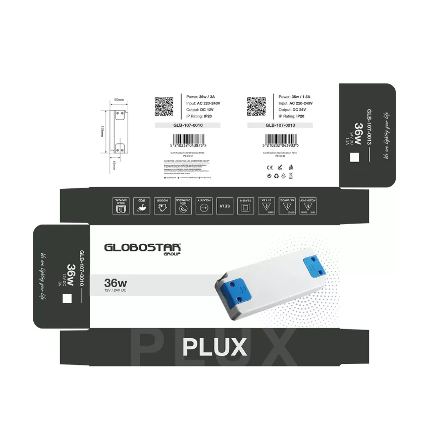 GLOBOSTAR® PLUX  Τροφοδοτικό/Μετασχηματιστής Class II SELV 36W 1.5A AC 220-240V σε DC 24V IP20 - Λευκό Ματ - Μ12.8 x Π5 x Υ1.5cm