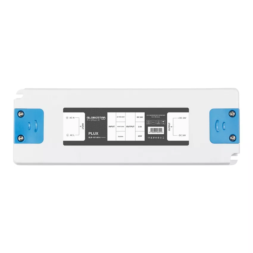 GLOBOSTAR® PLUX  Τροφοδοτικό/Μετασχηματιστής Class II SELV 60W 2.5A AC 220-240V σε DC 24V IP20 - Λευκό Ματ - Μ18.5 x Π6.4 x Υ2.2cm