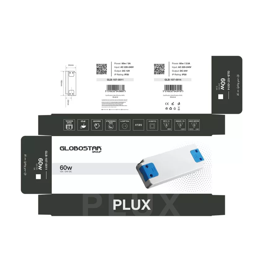 GLOBOSTAR® PLUX  Τροφοδοτικό/Μετασχηματιστής Class II SELV 60W 2.5A AC 220-240V σε DC 24V IP20 - Λευκό Ματ - Μ18.5 x Π6.4 x Υ2.2cm