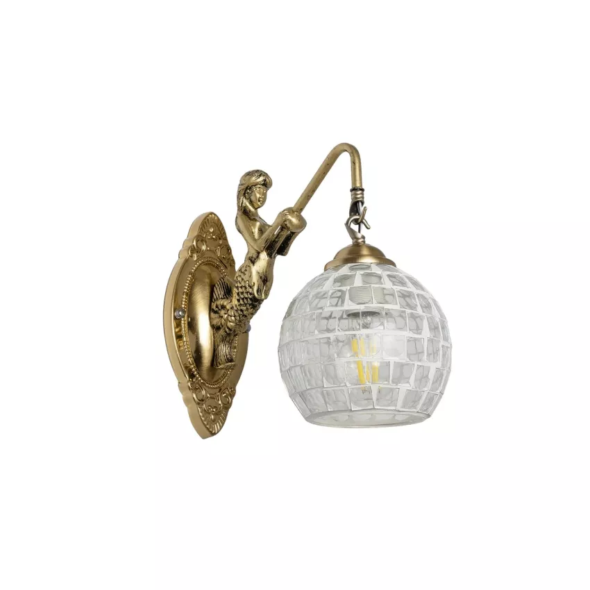 MERMAID  Vintage Επιτοίχιο Φωτιστικό Απλίκα Μονόφωτο 1 x E27 IP20 Λευκό Γυαλί με Λευκό & Χρυσό Μέταλλο - Μ12.5 x Π28 x Υ27cm