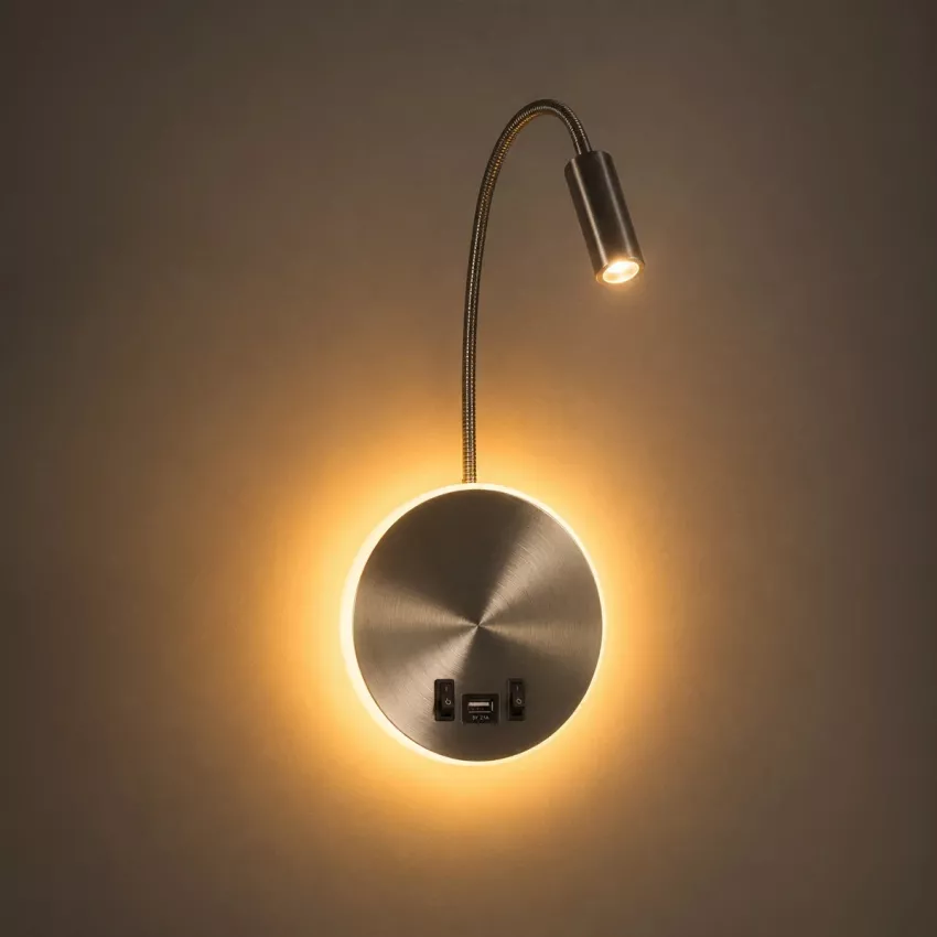 GLOBOSTAR® GOOSE  Μοντέρνο Φωτιστικό Τοίχου - Απλίκα Ξενοδοχείου Reading Light με Φορτιστή USB 3A LED 6W 540lm 36° & 360° AC 220-240V IP20 Θερμό Λευκό 2700K - CREE XPE & Lumileds SMD Chip - Νίκελ Βούρτσας - Μ15.5 x Π15 x Υ30.5cm