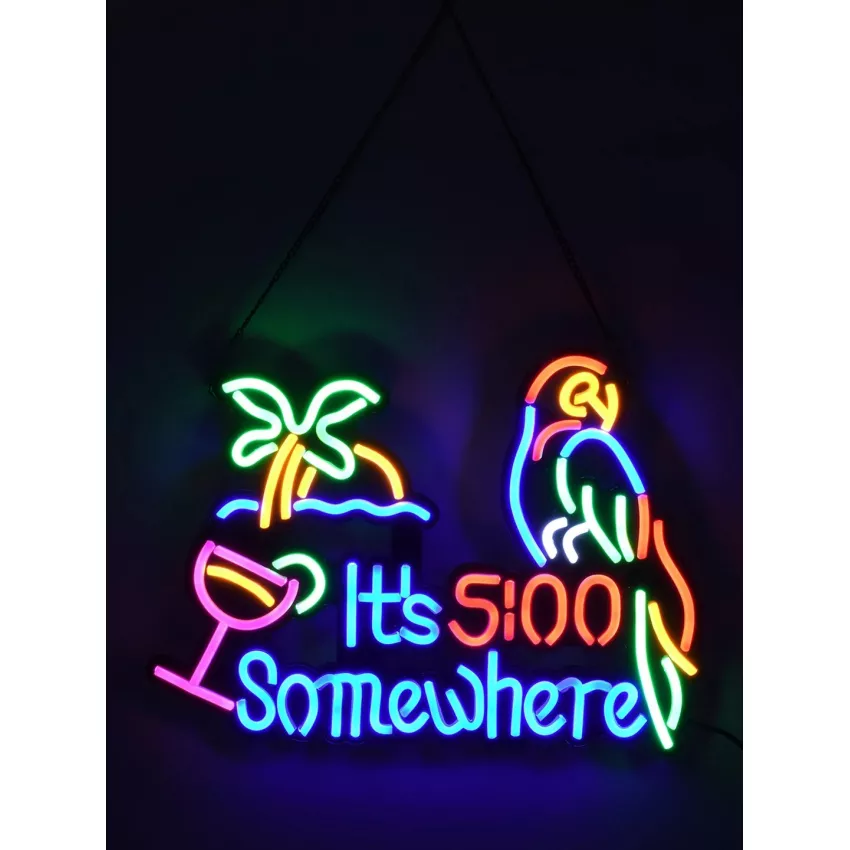 Φωτιστικό Ταμπέλα Φωτεινή Επιγραφή NEON LED Σήμανσης ITS 5:00 SOMEWHERE PARROT 30W AC 230V με Διακόπτη On/Off Ροζ - Γαλάζιο - Κίτρινο - Πράσινο - Κόκκινο