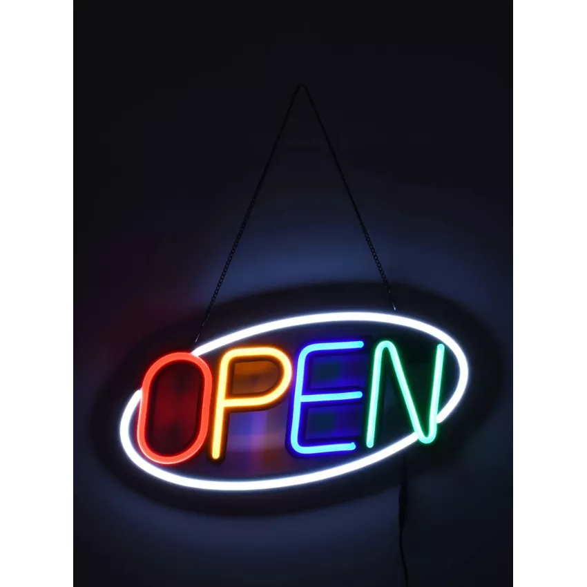 Φωτιστικό Ταμπέλα Φωτεινή Επιγραφή NEON LED Σήμανσης Animated Ovale OPEN 30W AC 230V με Διακόπτη On/Off και Ασύρματο Χειριστήριο IR Λευκό - Κόκκινο - Πράσινο - Κίτρινο - Γαλάζιο