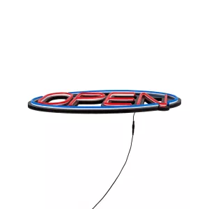 Φωτιστικό Ταμπέλα Φωτεινή Επιγραφή NEON LED Σήμανσης Animated Ovale OPEN 30W AC 230V με Διακόπτη On/Off και Ασύρματο Χειριστήριο IR Μπλε - Κόκκινο