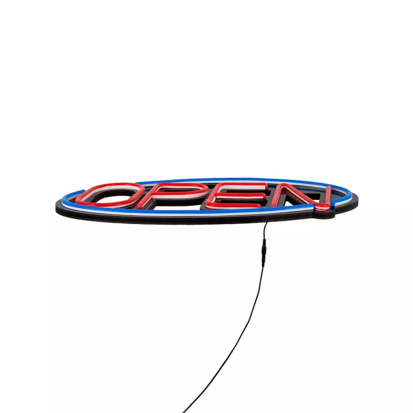 Φωτιστικό Ταμπέλα Φωτεινή Επιγραφή NEON LED Σήμανσης Animated Ovale OPEN 30W AC 230V με Διακόπτη On/Off και Ασύρματο Χειριστήριο IR Μπλε - Κόκκινο