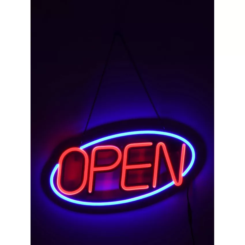 Φωτιστικό Ταμπέλα Φωτεινή Επιγραφή NEON LED Σήμανσης Animated Ovale OPEN 30W AC 230V με Διακόπτη On/Off και Ασύρματο Χειριστήριο IR Μπλε - Κόκκινο