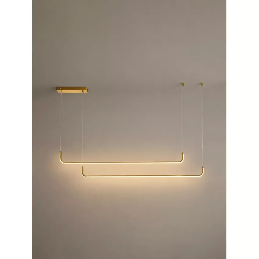 kelvo® LINARIA  Κρεμαστό Φωτιστικό Οροφής LED 72W 7200lm 180° AC 220-240V IP20 Ρυθμιζόμενο Λευκό CCT με Χειριστήριο από 2700K έως 6000K Dimmable - Lumileds SMD Chip - Σατινέ Χρυσό Βούρτσας - Μ220 x Π4 x Υ25cm