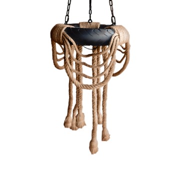 RUNNER  Vintage Κρεμαστό Φωτιστικό Ανάρτηση Πολύφωτο 6 x E27 IP20 Μαύρο Πλαστικό με Μπεζ Σχοινί - Μ45 x Π45 x Υ60cm