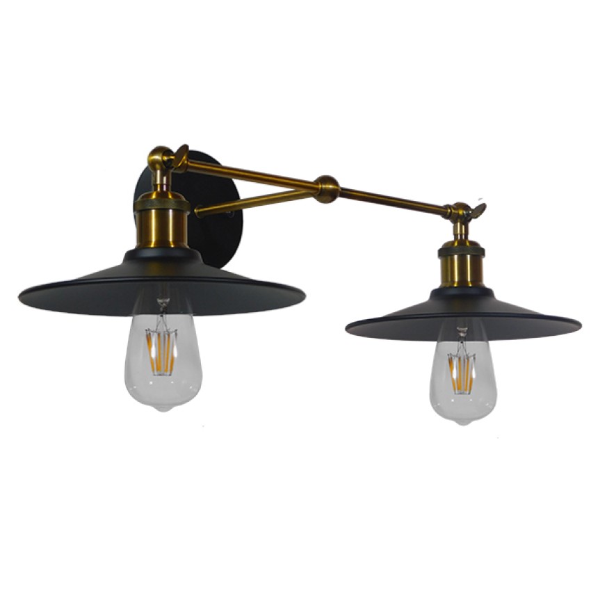 GLOBOSTAR® MINIMALL  Vintage Φωτιστικό Τοίχου - Απλίκα με Ντουί 2 x E27 AC 220-240V IP20 - Μαύρο & Χρυσό - Μ30 x Π60 x Υ18cm