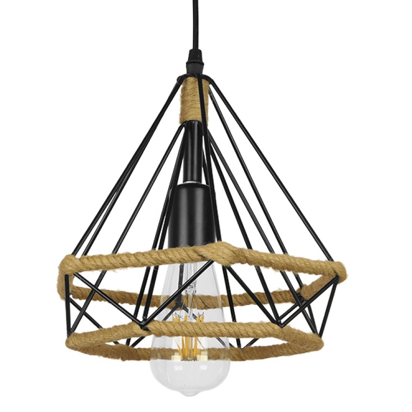 FLUTED  Vintage Κρεμαστό Φωτιστικό Πλέγμα Μονόφωτο 1 x E27 IP20 Μαύρο Μέταλλο με Μπεζ Σχοινί - Μ25 x Π25 x Y24cm