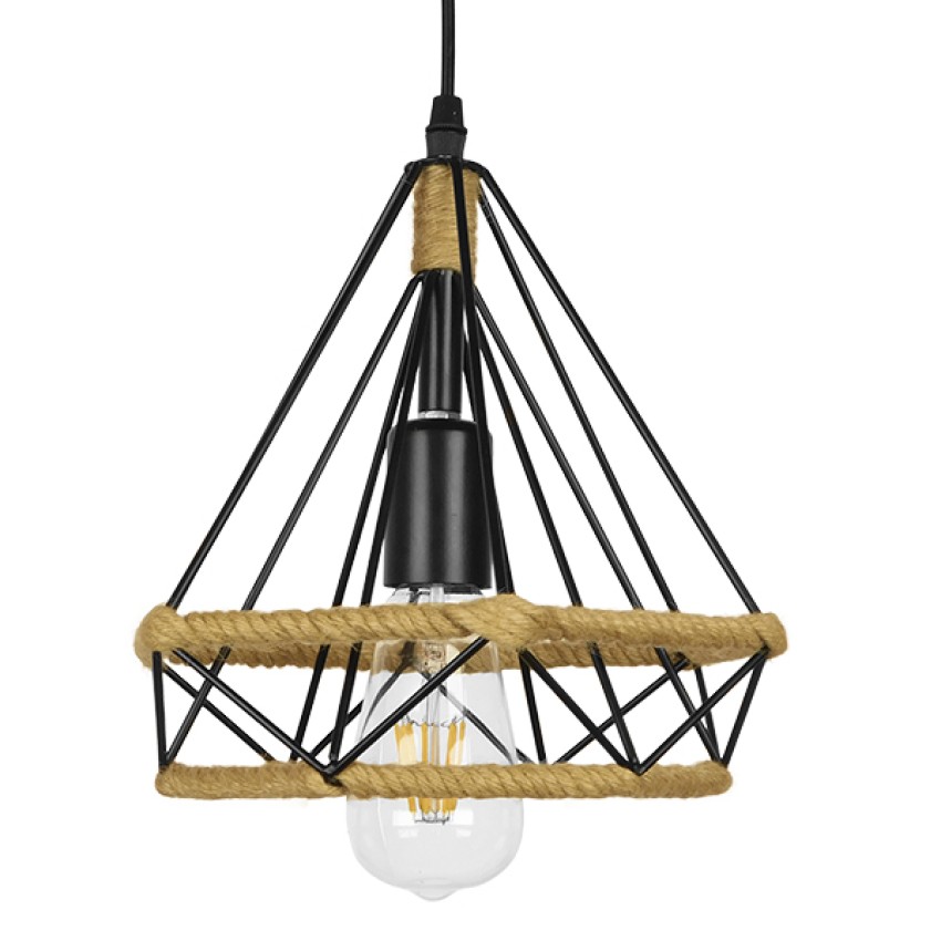 FLUTED  Vintage Κρεμαστό Φωτιστικό Πλέγμα Μονόφωτο 1 x E27 IP20 Μαύρο Μέταλλο με Μπεζ Σχοινί - Μ25 x Π25 x Y24cm