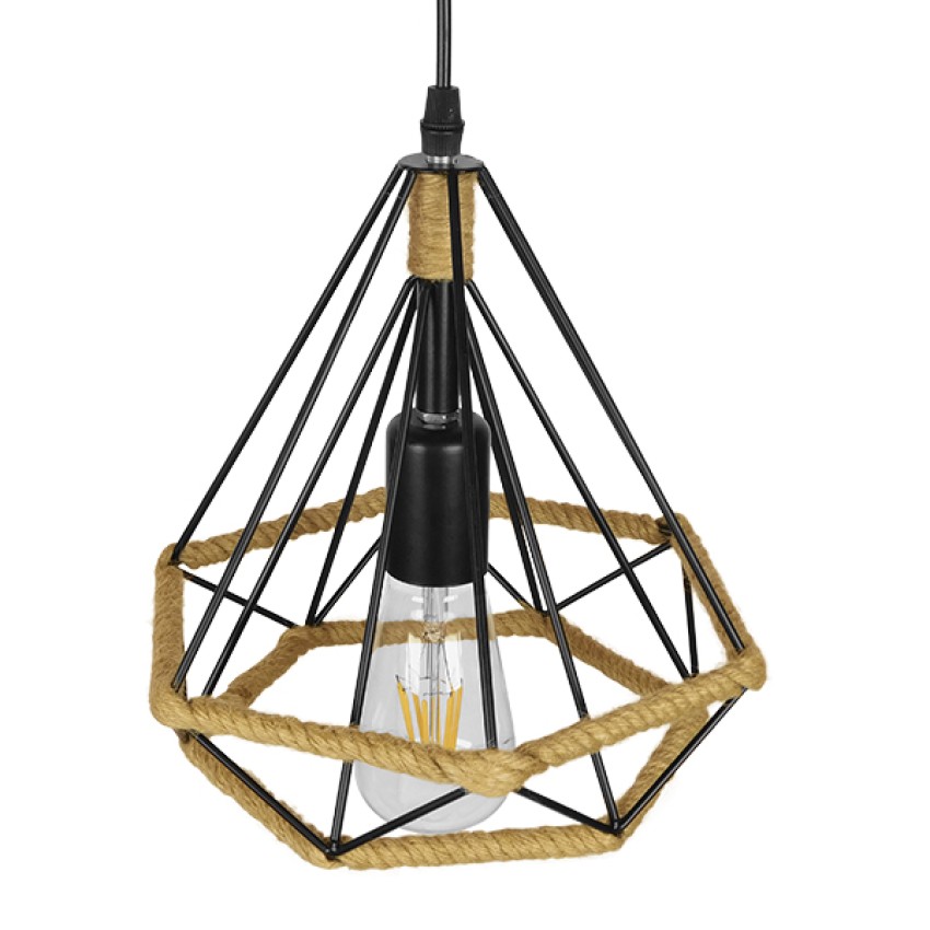 FLUTED  Vintage Κρεμαστό Φωτιστικό Πλέγμα Μονόφωτο 1 x E27 IP20 Μαύρο Μέταλλο με Μπεζ Σχοινί - Μ25 x Π25 x Y24cm
