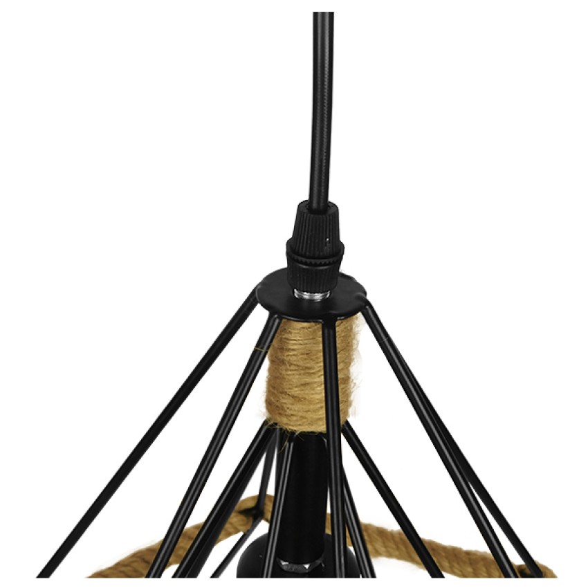 FLUTED  Vintage Κρεμαστό Φωτιστικό Πλέγμα Μονόφωτο 1 x E27 IP20 Μαύρο Μέταλλο με Μπεζ Σχοινί - Μ25 x Π25 x Y24cm