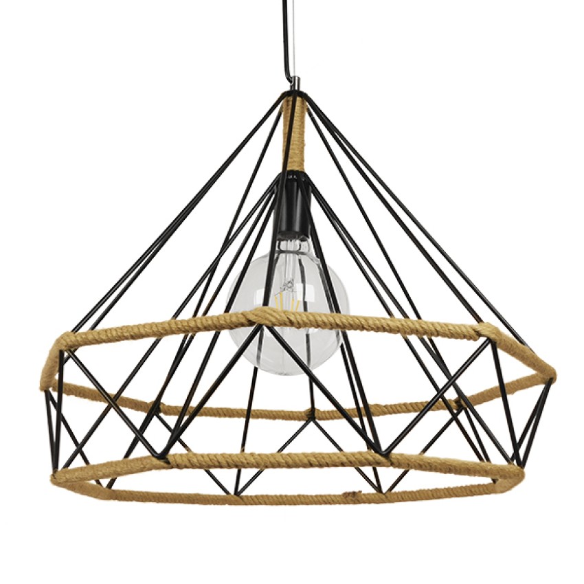 FLUTED  Vintage Κρεμαστό Φωτιστικό Πλέγμα Μονόφωτο 1 x E27 IP20 Μαύρο Μέταλλο με Μπεζ Σχοινί - Μ50 x Π50 x Y44cm