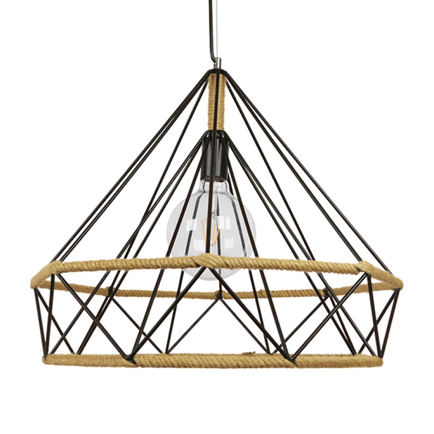 FLUTED  Vintage Κρεμαστό Φωτιστικό Πλέγμα Μονόφωτο 1 x E27 IP20 Μαύρο Μέταλλο με Μπεζ Σχοινί - Μ50 x Π50 x Y44cm