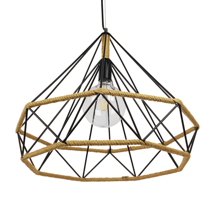 FLUTED  Vintage Κρεμαστό Φωτιστικό Πλέγμα Μονόφωτο 1 x E27 IP20 Μαύρο Μέταλλο με Μπεζ Σχοινί - Μ50 x Π50 x Y44cm