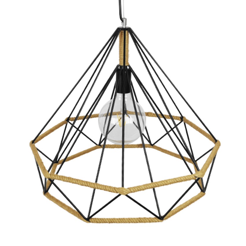 FLUTED  Vintage Κρεμαστό Φωτιστικό Πλέγμα Μονόφωτο 1 x E27 IP20 Μαύρο Μέταλλο με Μπεζ Σχοινί - Μ50 x Π50 x Y44cm