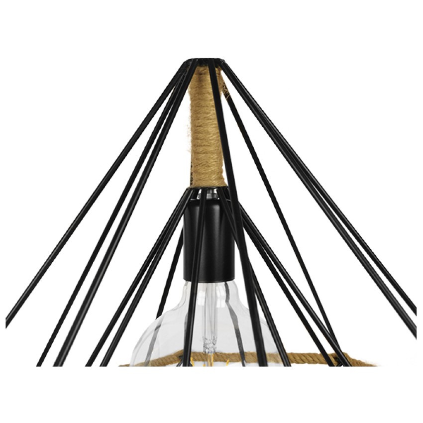 FLUTED  Vintage Κρεμαστό Φωτιστικό Πλέγμα Μονόφωτο 1 x E27 IP20 Μαύρο Μέταλλο με Μπεζ Σχοινί - Μ50 x Π50 x Y44cm