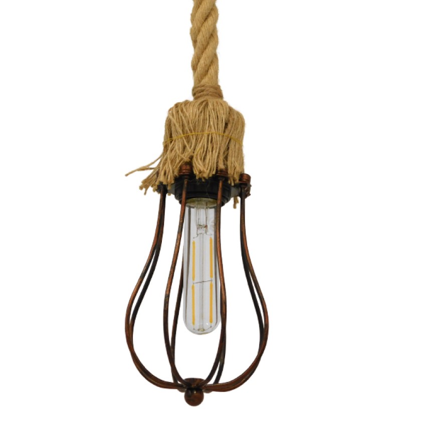 CAMBER  Vintage Κρεμαστό Φωτιστικό Πλέγμα Μονόφωτο 1 x E27 IP20 Χάλκινο Μέταλλο με Μπεζ Σχοινί - Μ11 x Π11 x Υ25cm