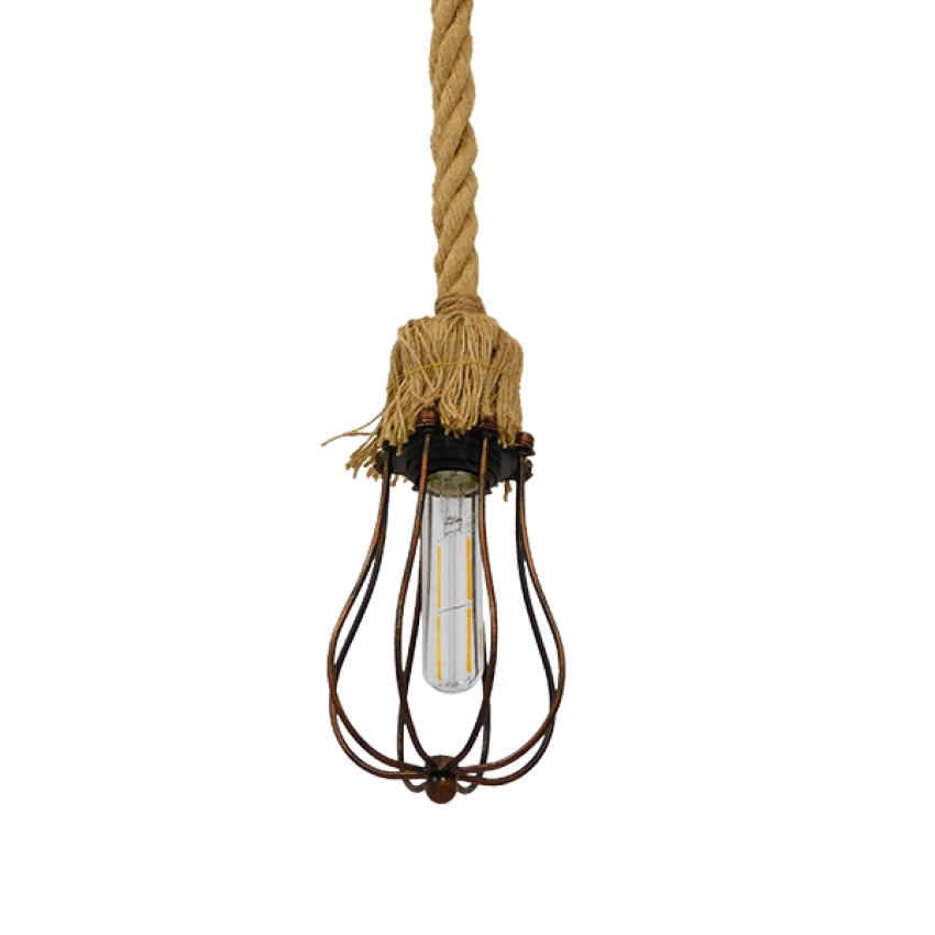 CAMBER  Vintage Κρεμαστό Φωτιστικό Πλέγμα Μονόφωτο 1 x E27 IP20 Χάλκινο Μέταλλο με Μπεζ Σχοινί - Μ11 x Π11 x Υ25cm