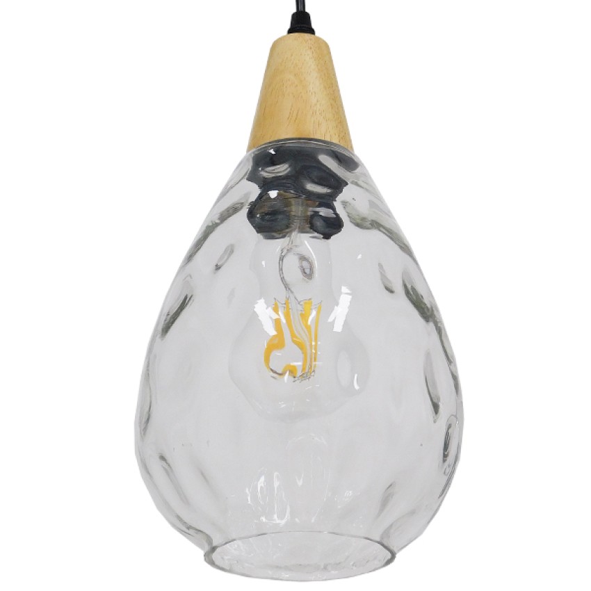 NOAH  Μοντέρνο Κρεμαστό Φωτιστικό Ανάρτηση Μονόφωτο 1 x E27 IP20 Διάφανο Γυαλί με Μπεζ Ξύλο - Μ16 x Π16 x Υ30cm