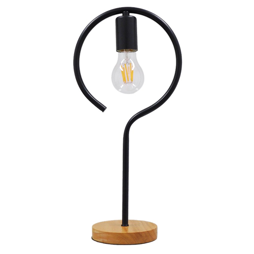 HONOR ROUND  Μοντέρνο Επιτραπέζιο Φωτιστικό Πορτατίφ Μονόφωτο Μαύρο Μεταλλικό με Ξύλινη Βάση Δρυς Φ20 x Υ42cm